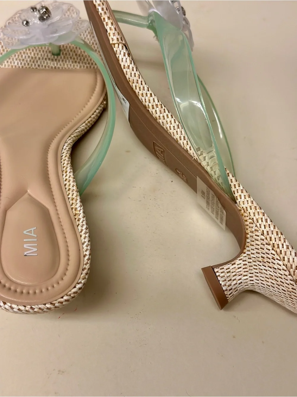 MIA Translucent Mint Floral Thong Sandals with Kitten Heels,Clear Flower Accents